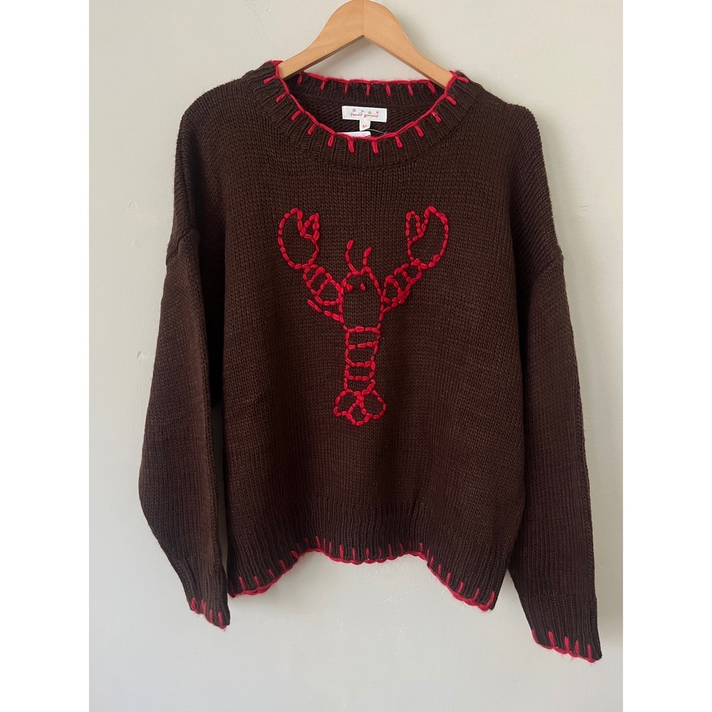 Sweet Generis My Lovely Lobster Brown Red Whipstitch Pullover Sweater coastal